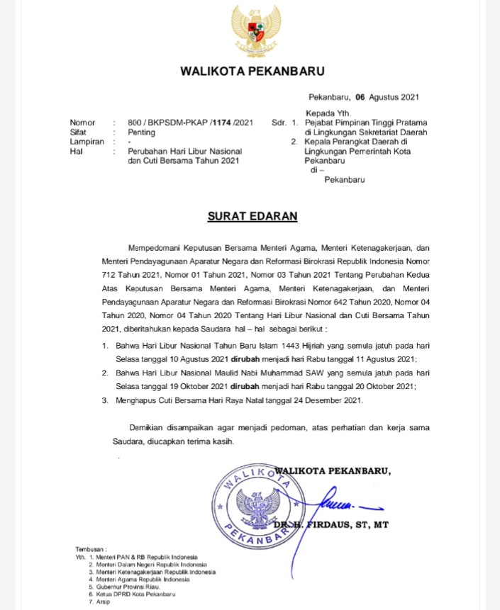 Pemko Pekanbaru Keluarkan SE Pergeseran dan Penghapusan Hari Libur